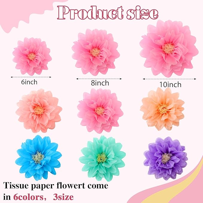 Geyee 18 Pcs Mexican Paper Flowers Colorful Fiesta Tissue Paper Flowers Pom Poms Mexican Carnival for Floral Party Backdrop Wedding Birthday Party Craft, 6" 8" 10"(Colorful)