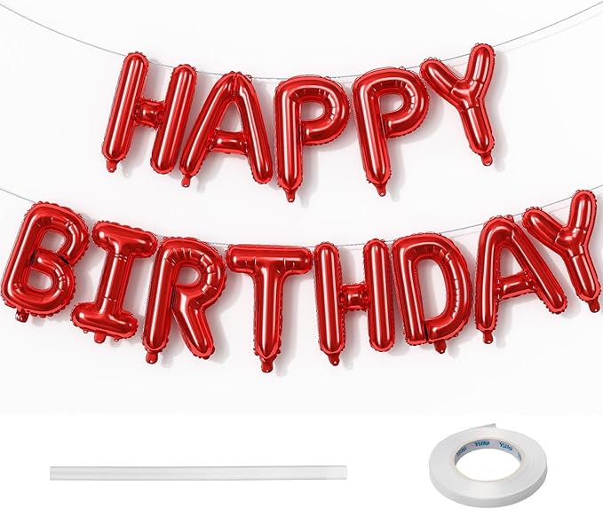 Red Happy Birthday Balloons Letters, 16 Inch Reusable Banner, Self Inflating Foil Bunting for Women Men Boys Girls Party Decorations Supplies