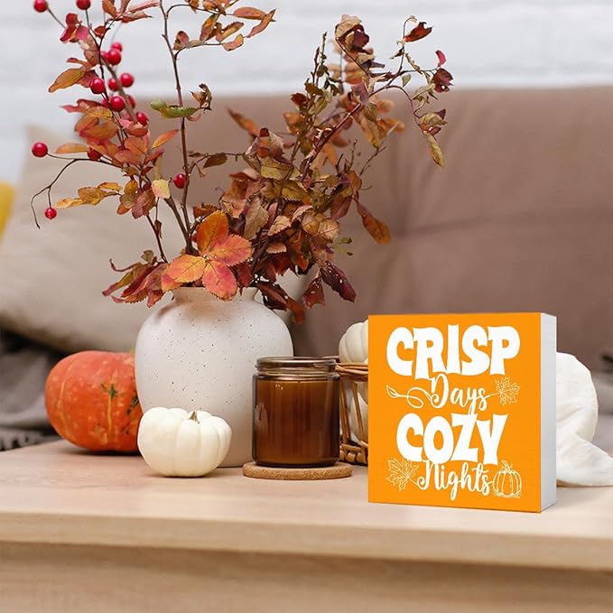 Funny Autumn Wood Box Sign Crisp Days Cozy Nights Wooden Block Desk Decor for Home Office Kitchen Cubicle Table Shelf Tabletop,Farmhouse Fall Sign Decor