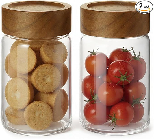 2pc Glass Mason Jars with Acacia Wood Airtight Lids - Overnight Oats & Food Storage Container Set, Clear Stackable Leakproof Kitchen Canisters for Meal Prep/Snack Organization/Spice Storage