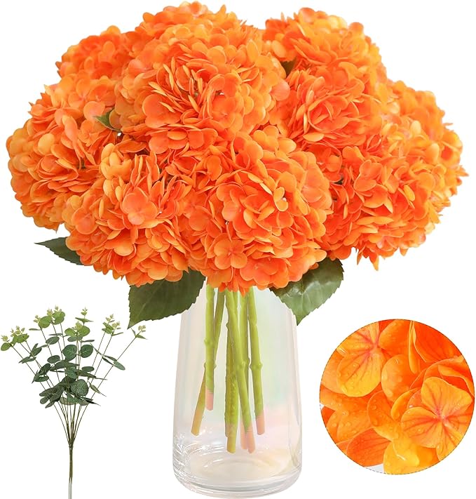 Tifuly Fake Hydrangea Artificial Flowers with Vase 4pcs Real Touch Faux Hydrangea and 3pcs Eucalyptus Stems for Wedding Centerpiece Home Party Table Decoration（Orange）