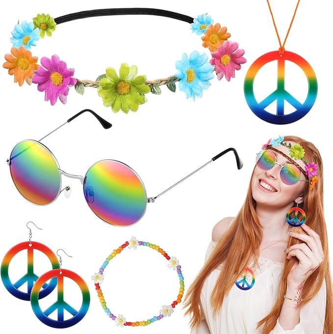 Batiyeer 6 Pcs Hippie Costume Accessories Set, Boho Peace Sign Daisy Flower 60s 70s Party Favors Decor for Groovy Party Women(Rainbow)