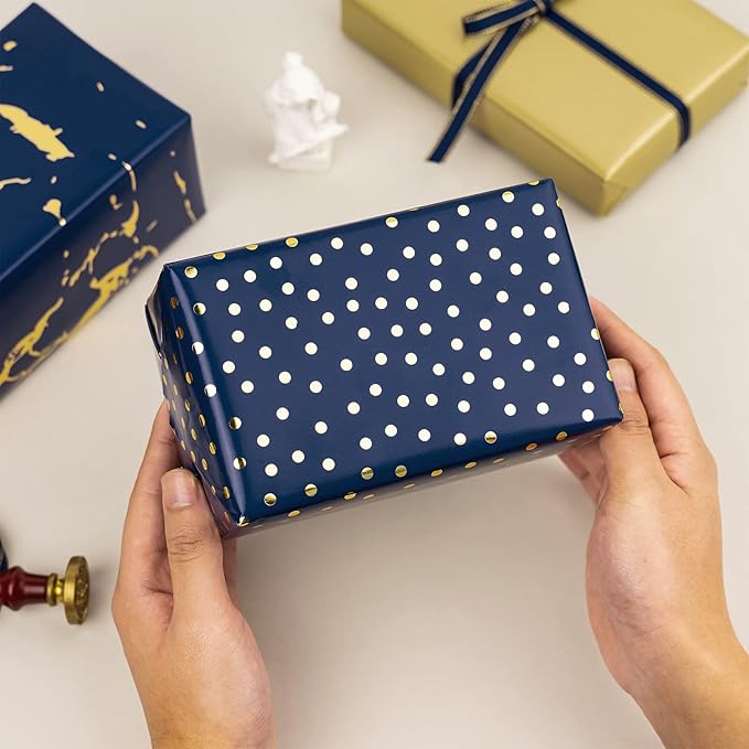 MAYPLUSS Wrapping Paper Roll - Navy Blue and Gold Wrapping Paper - 17" x 120" Per roll - Navy Gold Polka Dot Gold Foil for Birthday,Wedding,Baby Shower,Men(3 Rolls 42.3 sqft)