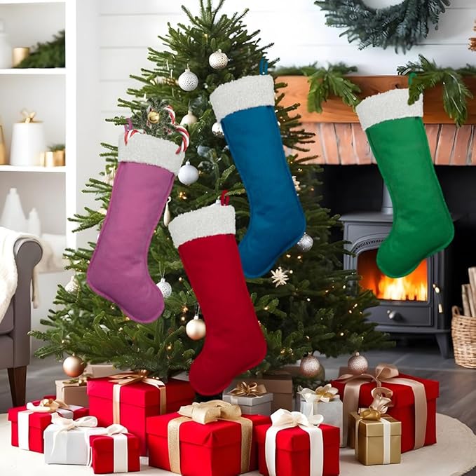 Christmas Stockings for Family Holiday Decorations and Xmas Tree Fireplace (6, Pink-Grain-Large)