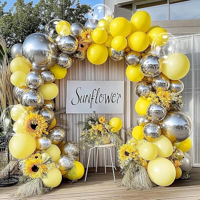 Yellow Balloon Arch Kit, Double Stuffed Pastel Yellow Sliver Metallic Balloon Garland Clear Bobo Balloons for Wedding Baby Shower Birthday Bridal to Bee Fall Party Decorations