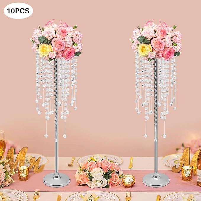 Wedding Centerpieces Silver Vases,10PCS Metal Flower Candle Holder with Sparkling Crystal Beads,Crystal Flower Vase Metal Flowers Stand for Party Tables Decorations (10PCS-Silver)