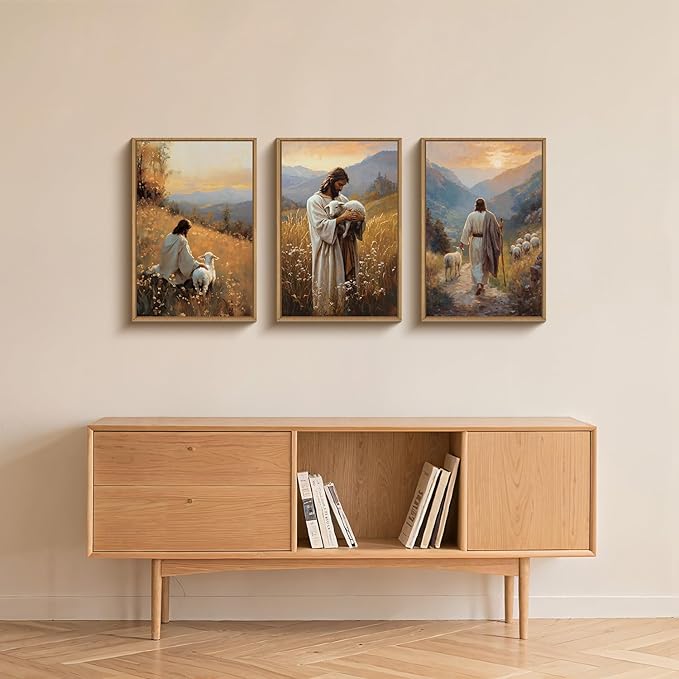 HOURIA Jesus Leaves The 99 Sheep Framed Canvas Wall Art Set,Christian The Lost Sheep Wall Decor,Jesus Embraces Lamb Artwork,Religious Biblical Art Prints for Living Room, Bedroom, Church- 24"x36"x3