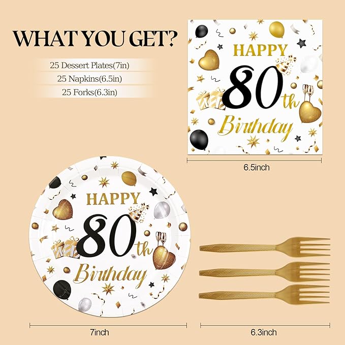 75PCS 80th Birthday Plates and Napkins Party Decorations, 7 Inch White and Gold Happy Birthday Paper Dessert Cake Plates and Napkins with Forks Disposable Tableware Set for Women Men