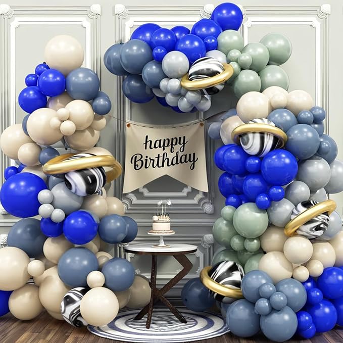 First Trip Around The Sun Balloons Arch Outer Space Astronauts Birthday Party Decorations Royal Blue Gray Beige Dusty Green White Gold Long Balloons Onyx Black Latex Helium Balloon