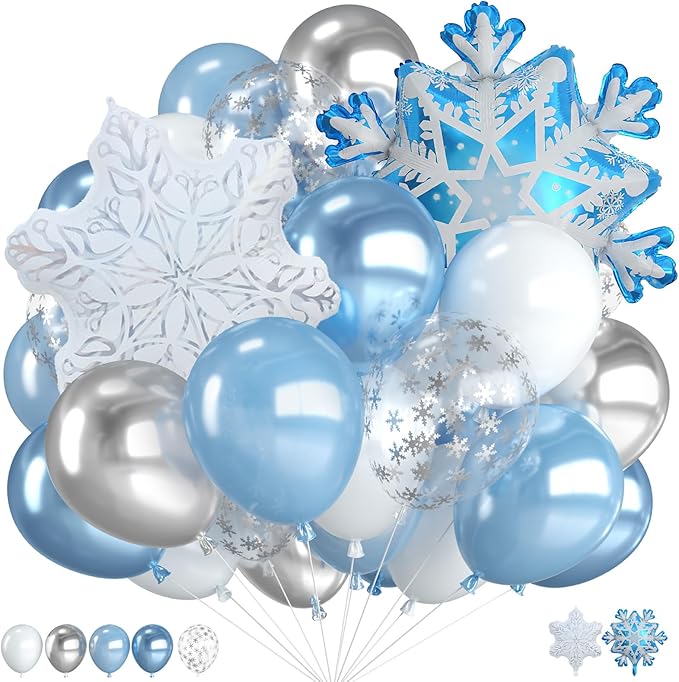Blue Snowflake Balloons,12 Inch Blue Silver White Clear Balloons with Snowflake and Foil Balloon for Winter Wonderland Holiday Birthday Baby Shower Snow Christmas Party Decorations