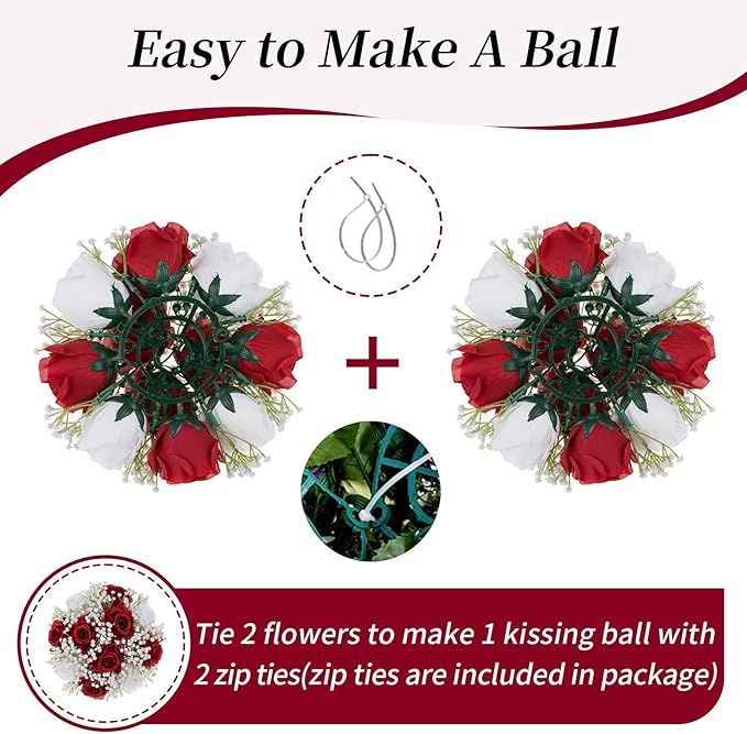 BLOSMON Fake Flowers Ball Wedding Centerpieces 2 Pcs Crimson Rose Babys Breath Artificial Flowers Center Pieces Decoration for Table Silk Kissing Floral Bouquet Arrangements for Home Party DIY Decor