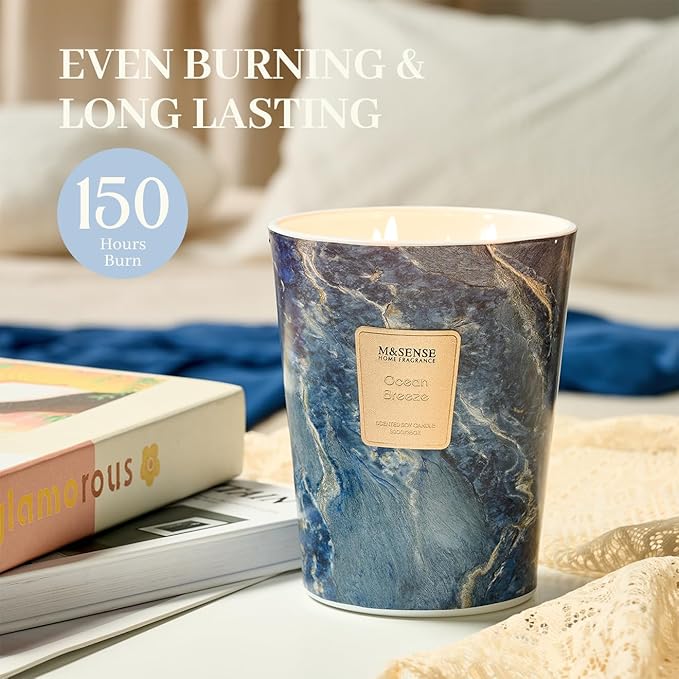M&SENSE Extra Large Candle 35oz 150H Ocean Breeze Scented, 3 Wick Highly Scented Jar Candles, XL Large Christmas Gift Candle for Women, Long Lasting Burning for Holiday, Thanksgiving, Christmas