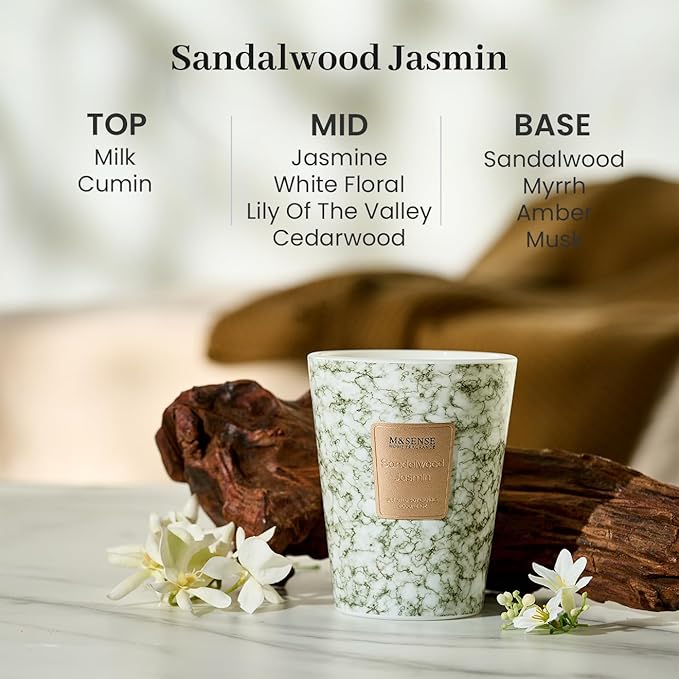 M&SENSE Sandalwood Jasmin Scented Candles for Home, 3 Wick Highly Scented Jar Candle, 14.1 Oz 80H Long Lasting Burning Christmas Candle for Women, Aromatherapy Candles for Holiday Christmas Gift