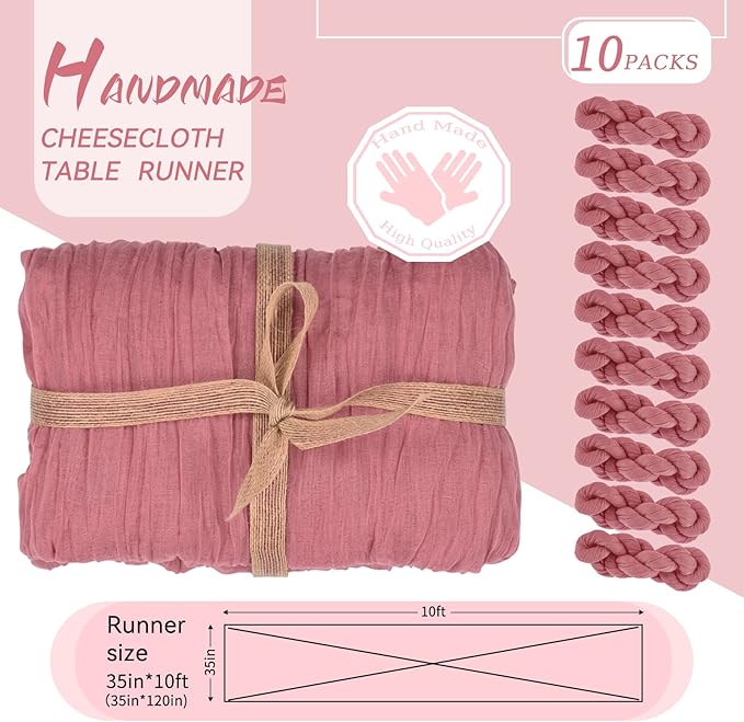 10 Packs Cheesecloth Table Runner Dusty Rose, 35x120 inch Dark Pink Rustic Gauze Boho Wedding Table Runner Decoration, Wedding Table Decor Table Cloth for Wedding Party Bridal Shower Table
