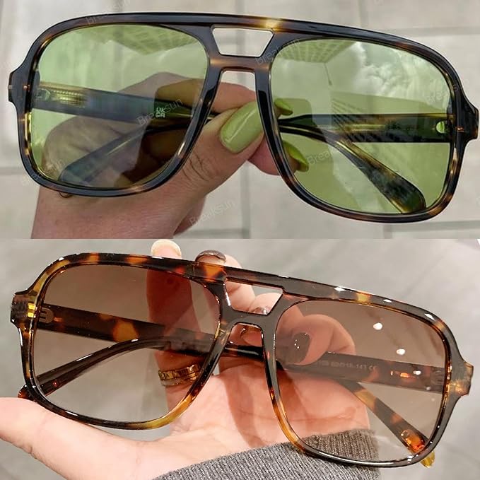 Retro Aviator Sunglasses for Women Men Trendy Classic 70s Square Green Aviator Sun Glasses Vintage Shades