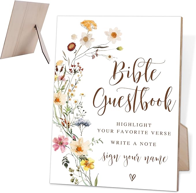 Flower Wedding Bible Guest Book Sign, Guest Book Alternative, Wedding Decorations for Reception, Bridal Shower Decor, Table Centerpieces for Party, 6X8 Inch Wooden Bridal Shower Signs with Stand, 22