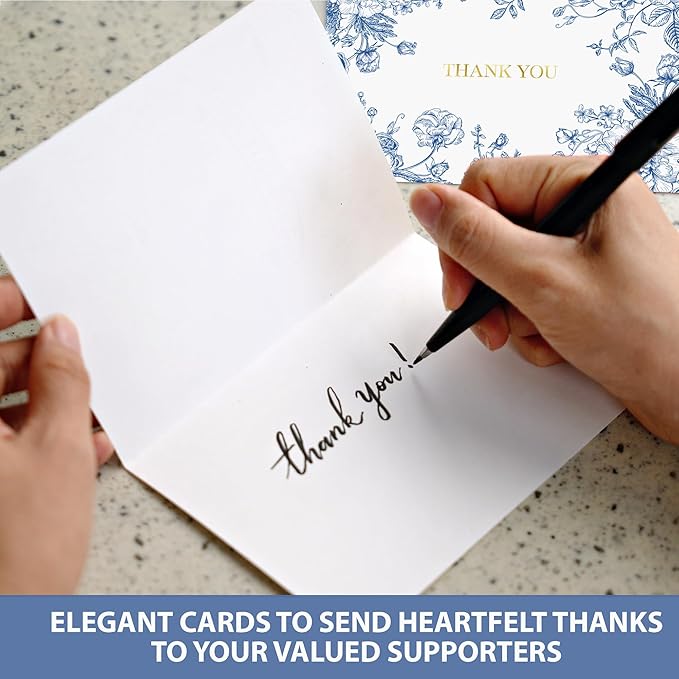 AUDREE 50 Gold Foil Thank You Cards with Envelopes (4x6) - Elegant Blue Floral Thank You Cards with Matching Adhesive Envelopes - Perfect for Wedding, Bridal Showers, Baby Showers, All Occasion