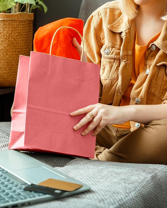 qiqee Pink Gift Bag with Handles Bulk 24Pcs Paper Bags -10.6"x8.3"x4.3"Party Favor Bags - Solid Color