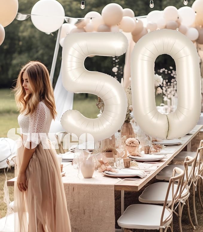 SUWEN 40 Inch Large Cream White 50 Balloon Numbers Big Foil Helium Number Balloons 0-9 Jumbo Happy 50th Mylar Birthday Party Decorations for Women or Men Anniversary Party Supplies