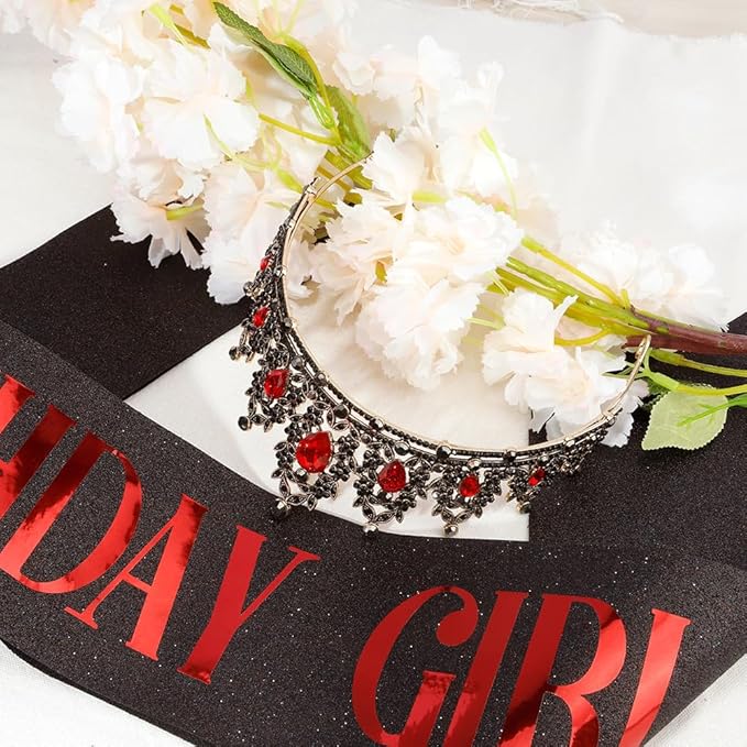 Birthday Crown Headband Sash Adult Crowns for Women - Black and Red Tiara for Birthday and Halloween Parties