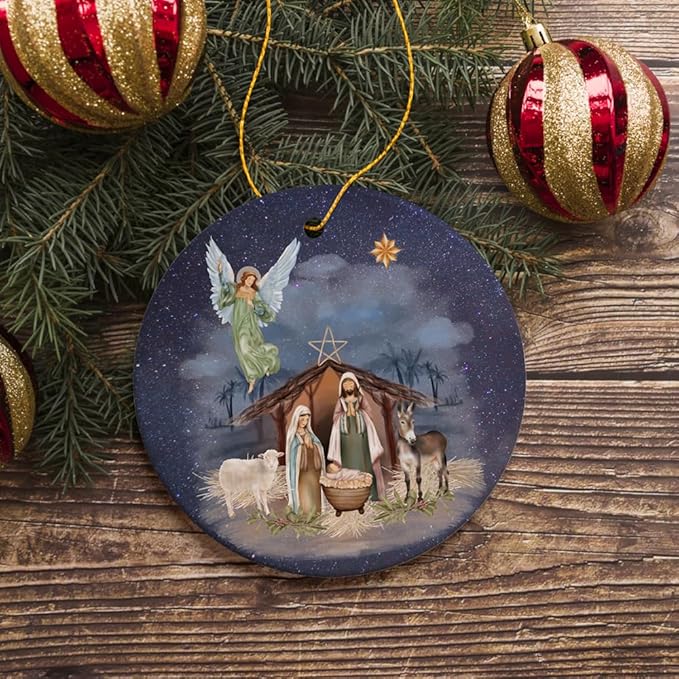 Religious Themed Christmas Ornaments, Nativity and Jesus Christ Decorations - Jesus and Mary Nativity Night Art Illustration Christmas Ornament