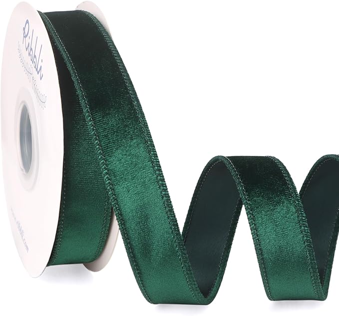 Ribbli Forest Green Velvet Wired Ribbon 1 Inch Velvet with Satin Christmas Ribbon for Gift Wrapping Christmas Tree Decoration Crafts Wreaths Supplies-Continuous 10 Yards