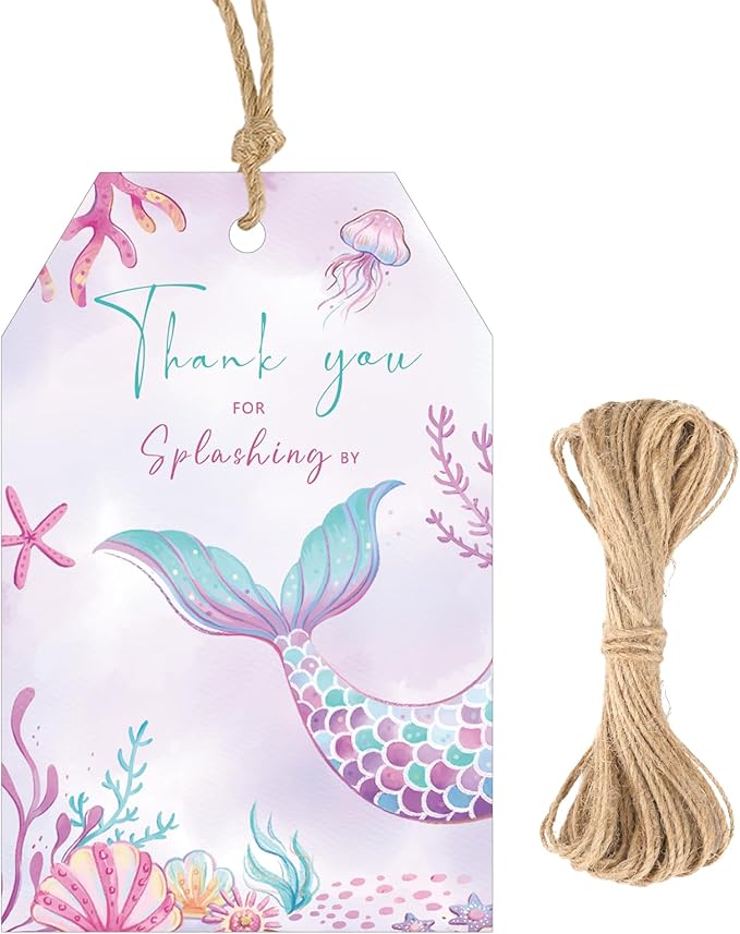 G2PLUS Mermaid Thank You Tag, 50PCS Thank You for Splashing by Tags, Mermaid Birthday Gift Tag, Ocean World Paper Gift Tags with String for Girl Birthday Baby Shower Undersea Theme Party Favors