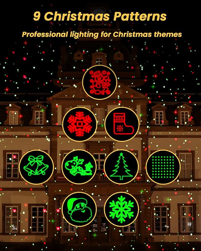Christmas Projector Lights Outdoor, 9 High-Definition Patterns Laser Light Projector with Remote and Timer, Party Lights for Indoor Outdoor Garden Holiday Decoration Halloween New Year