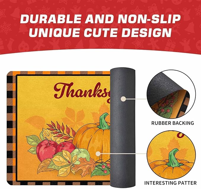 InterestPrint Happy-Thanksgiving Welcome Harvest Pumpkin Door Mat Front Door Outdoor Doormat Outside Entrance Porch Non Slip Rubber Rug Autumn Thanksgiving Farmhouse Decor, 24"x16"inch