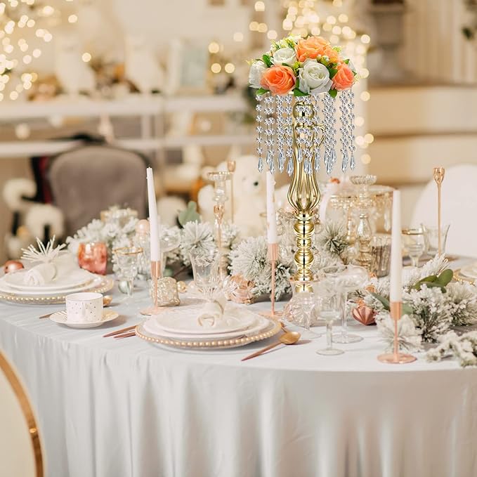 16 Pcs Wedding Centerpieces for Tables, Gold Silver Vase Centerpiece with Chandelier Crystal Metal Flower Stand, Tall Flower Vases for Wedding Party Home Decoration(Gold,21.3)