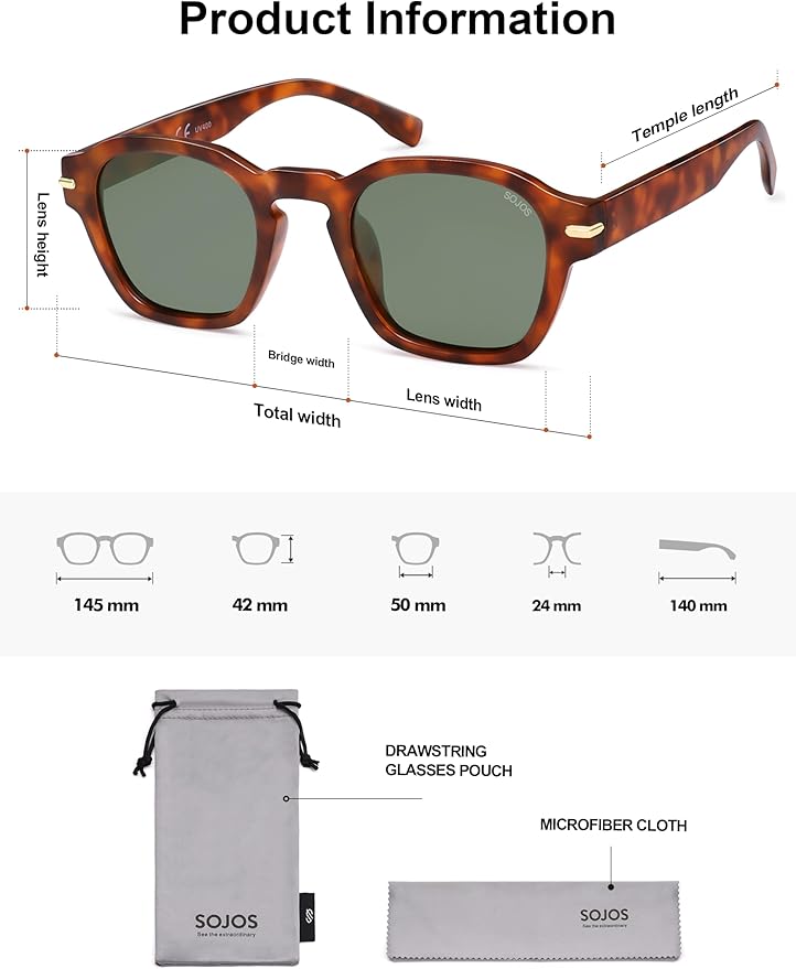 SOJOS Vintage Retro Square Polarized Sunglasses Men Standard Fit Trendy Womens Sun Glasses SJ2382