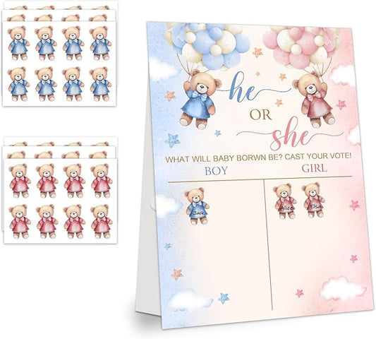 LNOKRIM Gender Reveal Party Games, Teddy Theme Baby Gender Reveal Voting Board Sign, 48 Boy Girl Voting Stickers, He or She, Baby Gender Reveal Party Decorations Games for Boy or Girl Shower, Bear 04