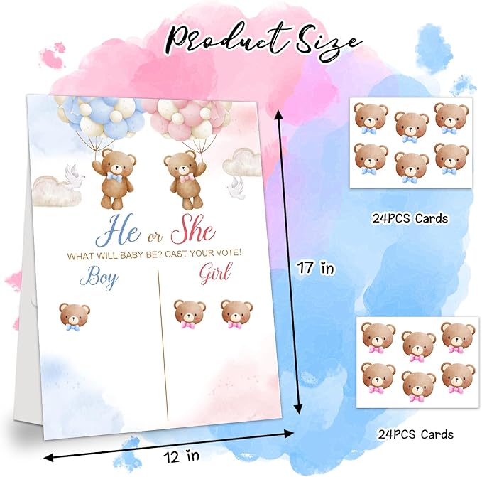 Gender Reveal Party Games, Bear Theme Baby Gender Reveal Voting Board Sign, 48 Stickers, "He or She, WHAT WILL BABY SMITH BE?" - Baby Gender Reveal Party Decorations Games for Boy or Girl Shower .