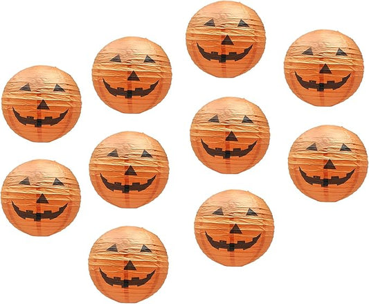 Mudra Crafts Hanging Pumpkin Lanterns Outdoor Indoor Jack-o’-Lantern Halloween Decorations, 12-Inch Orange Spooky Paper Lantern Lamps for Halloween Party Decor, Set of 10