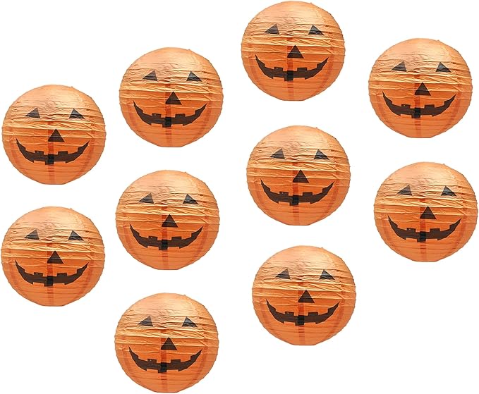 Mudra Crafts Hanging Pumpkin Lanterns Outdoor Indoor Jack-o’-Lantern Halloween Decorations, 12-Inch Orange Spooky Paper Lantern Lamps for Halloween Party Decor, Set of 10