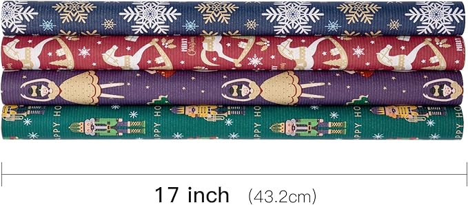 RUSPEPA Christmas Kraft Wrapping Paper Roll - Nussknacker Solider, Trojan Horse, Ballet Girl and Snowflake Design - 17 inches x 10 feet per Roll, Total of 4 Rolls