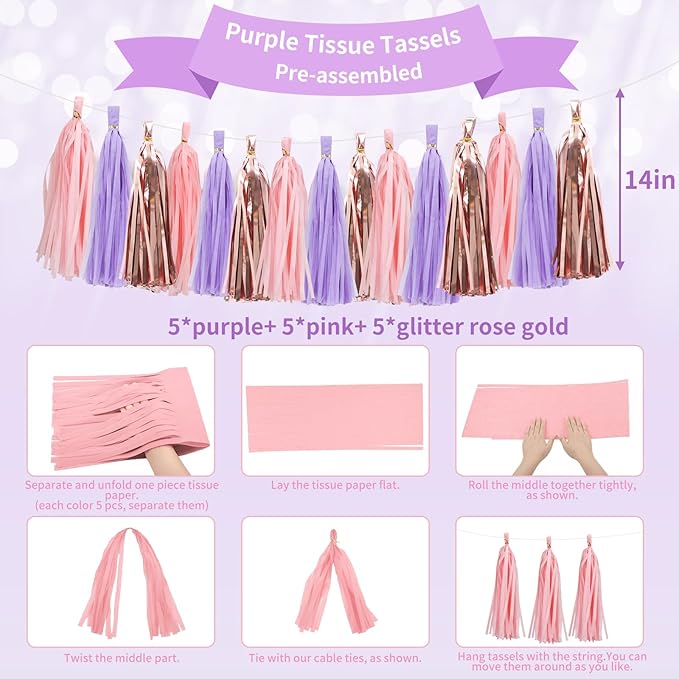 RUBFAC Purple Pink Birthday Party Decorations Set With Happy Birthday Banner, Tissue Paper Pompoms, Tassel Garland, and Circle Dots Garland for Women Girls