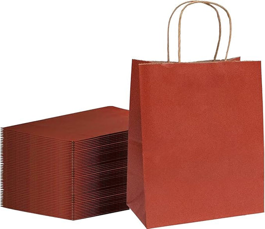 FACEBAG 100-Pack Red Paper Bags with Handles Bulk,8x4.25x10.5 Inch Gift Bags, Red Kraft Paper Bags, Applicable to Retail, Party, Shopping, Festival，Reusable & Durable
