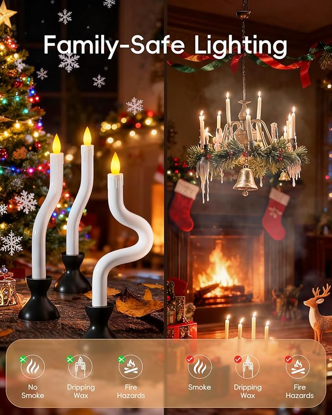 COOLWUFAN Christmas Window Candles, 3 Pcs Flameless Taper Candles with Remote Timer, Battery Operated Dripless LED Flickering 3D Flame, Holiday Decor for Home, Party (Black Base)