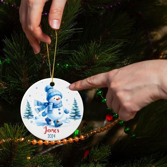 Personalized Snowman Ornament for Christmas Tree - Blue Ceramic Xmas Gift for Dad Mom Kids, Customized Merry Christmas Ornament With Custom Name & Year - Xmas 2025