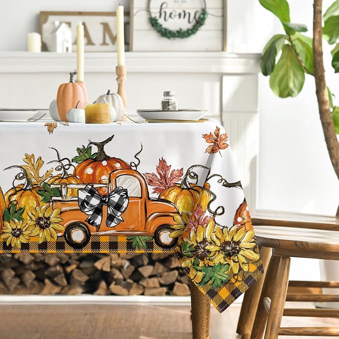 Horaldaily Fall Tablecloth 52x70 Inch Rectangular, Thanksgiving Autumn Harvest Orange Truck Gnome Pumpkin Buffalo Plaid Table Cover for Party Picnic Dinner Decor