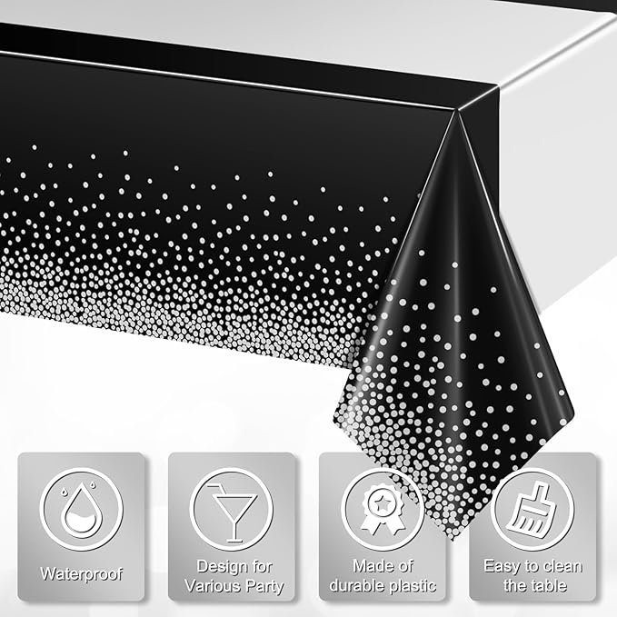 6Pcs Black and Silver Tablecloth Party Decorations,Plastic Black Table Cloth Printed Silver Table Runner Disposable Rectangle Table Cover for Birthday Anniversary Wedding Graduation Party,54 x108 Inch