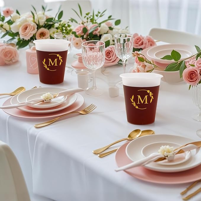 100 Monogrammed Cups Disposable Initial Plastic Cup 12 oz Wedding Personalized Cup for Wedding Reception Baby Shower Birthday Party(Letter W)