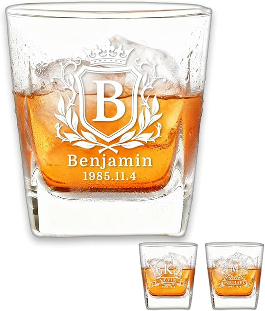 Custom Whiskey Glasses-Personalized Engraved 26 Letters Name Initials Whiskey Rocks Glass Tumbler for Men,Gift for Father's Day, Birthdays, Weddings,Anniversaries