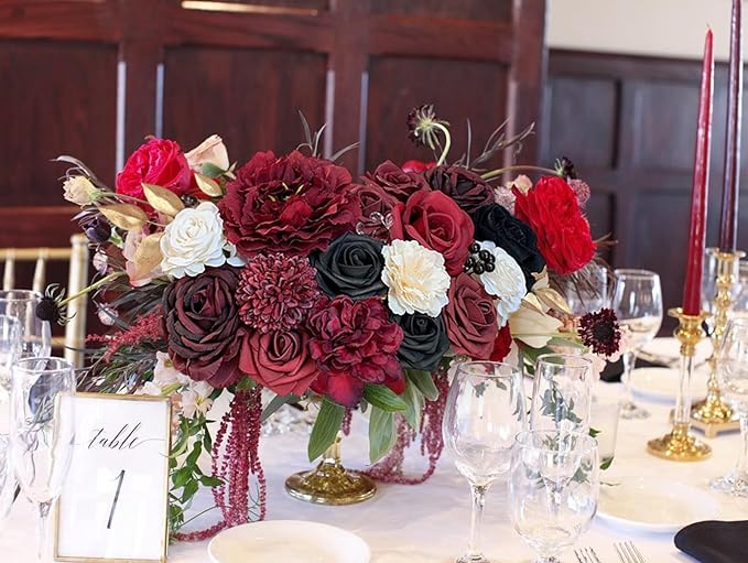 Roses Artificial Flowers Burgundy Fake Flower Bulk with Stems for DIY Wedding Bouquet Bridal Baby Shower Centerpiece Table Decorations Silk Faux Floral Arrangements Party Home Decor Red Black