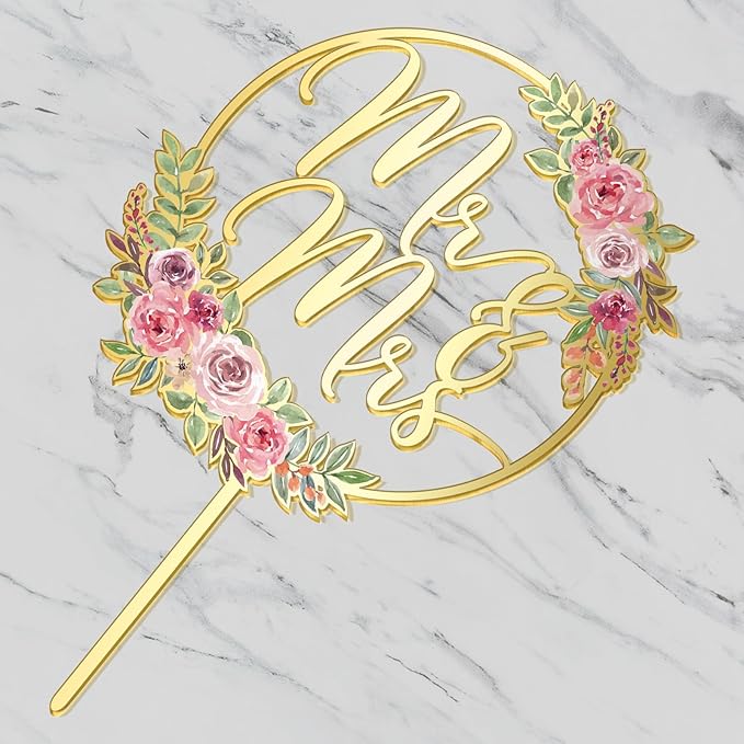 Mr & Mrs Cake Topper Gold Acrylic Wedding Cake Topper Floral Cake Decoration (Design 01)
