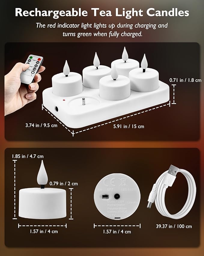 Homemory Rechargeable Tea Lights Flameless Candles with Remote Timer, Battery Operated LED Tealight Candles, USB Candles for Wedding Table Centerpiece Reception Banquet Christmas Halloween, 6-Pack