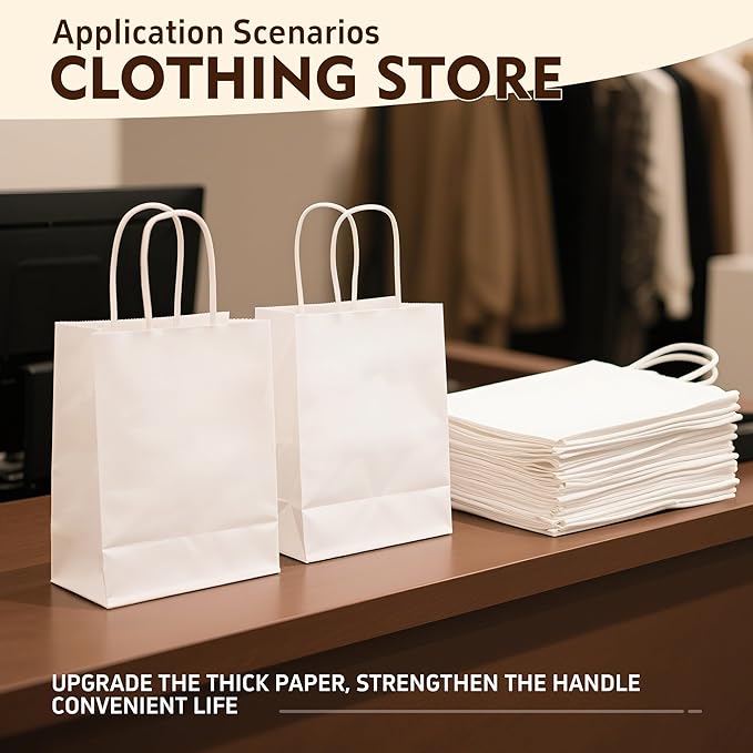 YEEHAW White Paper Bags with Handles Bulk 8"x4.5"x10.8" 100Pcs Gift Bags Medium Size, White Gift Bag with Handles Bulk for Retail, Party, Shopping, Merchandise