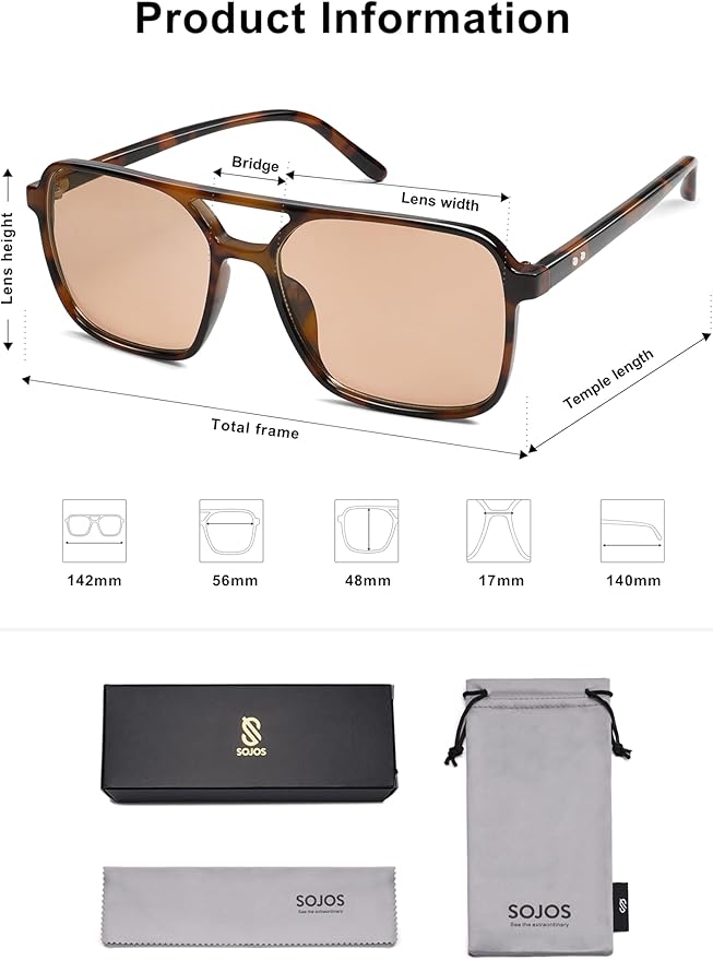 SOJOS Trendy Vintage Aviator Square Sunglasses For Womens Mens Retro 70s UV400 Women Sun Glasses SJ2327
