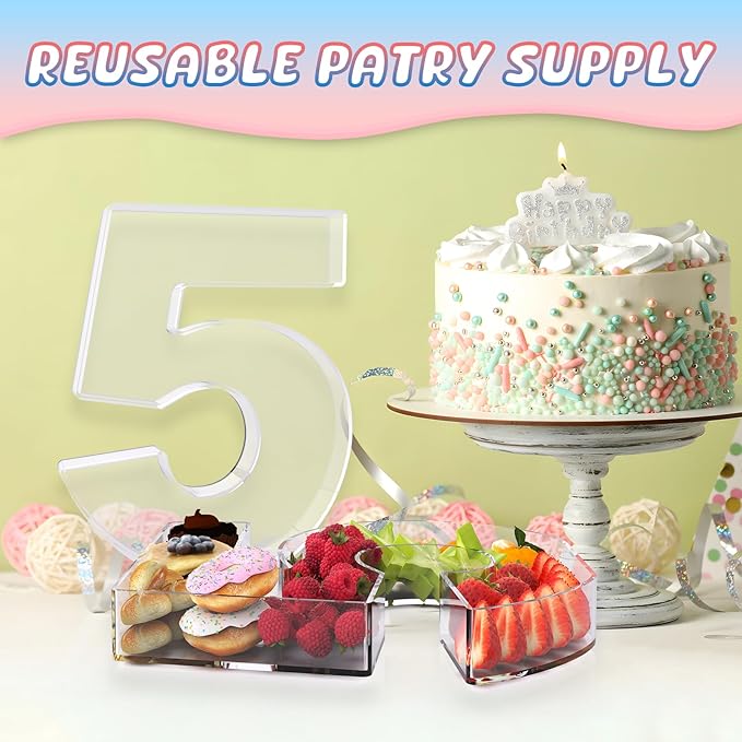 13.8" Extra Large Acrylic Number Charcuterie Board Box, Reusable Fillable Number Cake Candy Dish Display Serving Tray for Birthday Anniversary Party Decoration (5)